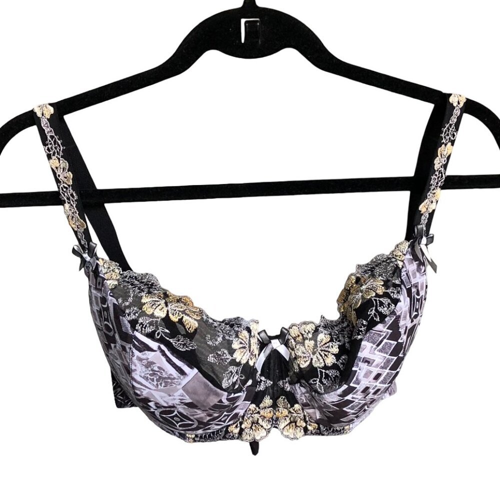 CORIN Lace Padded Bra Floral 34F Black Gray White 3 Hook Closure Underwire 12814